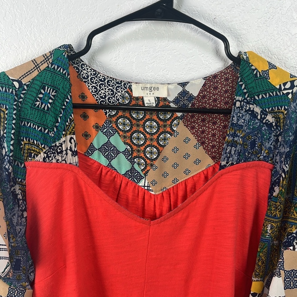 Umgee Orange/Red And Multi Color Flutter Sleeve T… - image 6